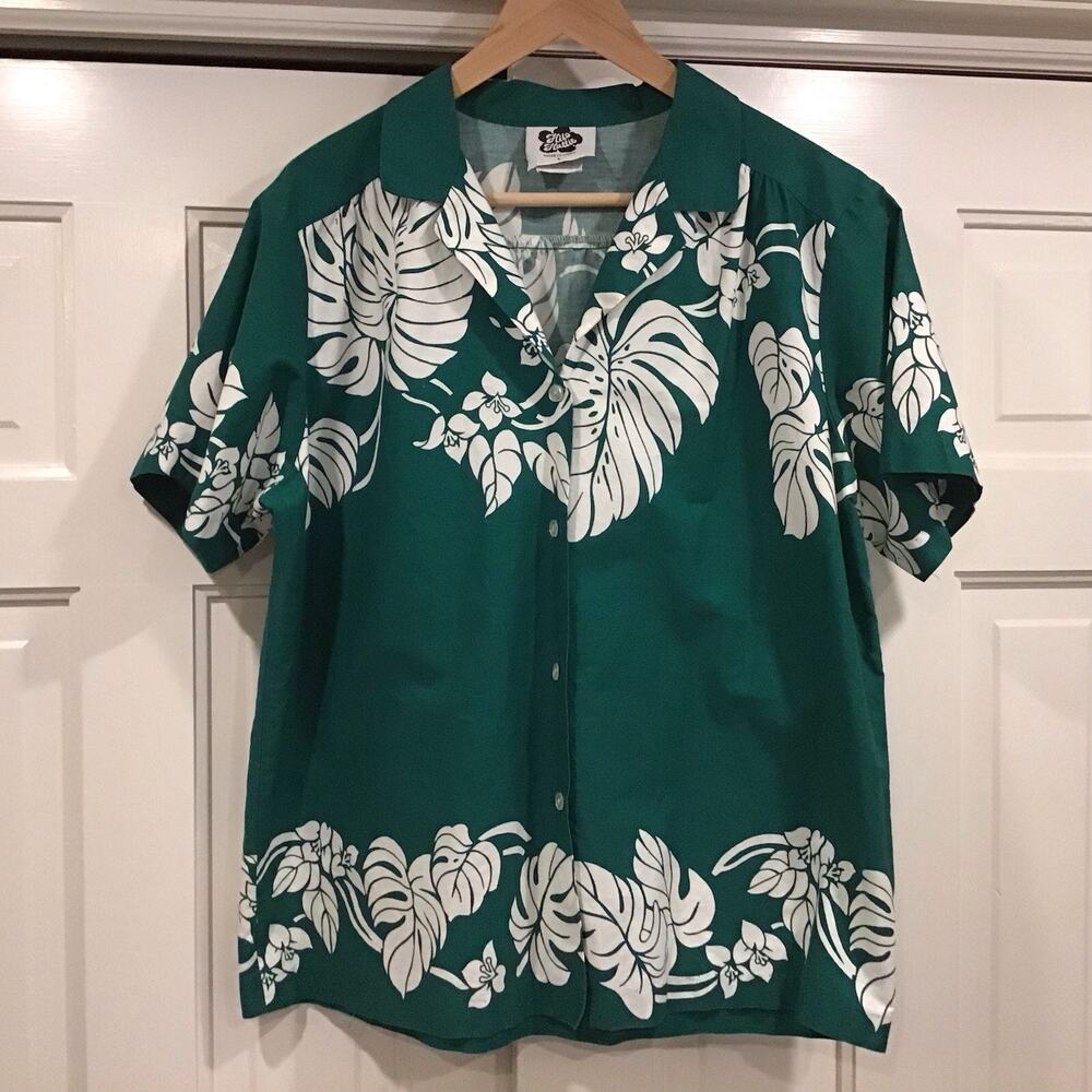 VTG Hilo Hattie Hawaii Green Floral Button Down Shirt Men’s Sz L Resort Vacation